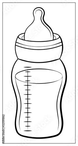 Baby bottle silhouette with a scale and a nipple, isolated on white background.