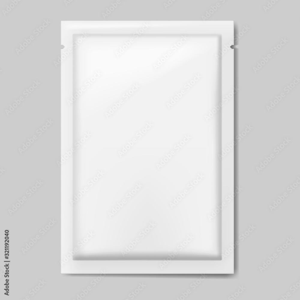 Blank white sachet packet with tear notches, vector mock-up. Individual plastic wrapping bag for cosmetic, medical or food product. Template for design Blank white sachet packet with tear notches, vector mock-up. Individual plastic wrapping bag for cosmetic, medical or food product. Template for design