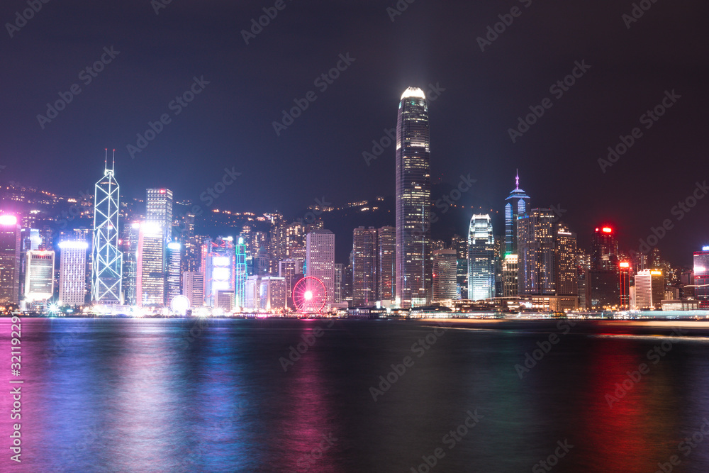 Night view from Victoria harbour waterfront, Hong Kong