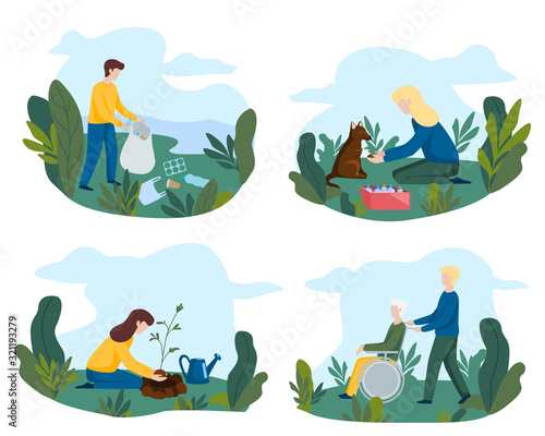 Set of volunteering in flat style. Park, outdoor. Helping homeless animals. garbage collection.