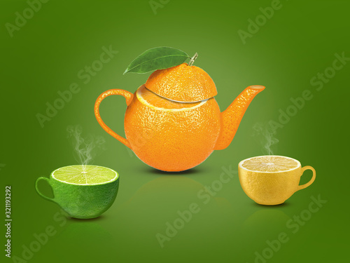 Citrus tea set from a teapot and cups, organic tea.