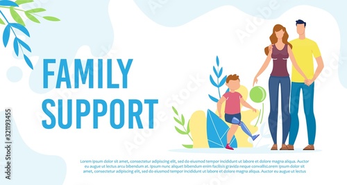 Disabled Child Family Support Trendy Flat Vector Banner, Poster Template. Kid with Disabilities, Boy with Injury and Leg Prosthesis Having Fun, Walking with Parents Outdoor, Playing Ball Illustration
