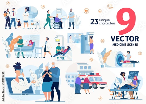 Medical Help, Hospital or Clinic Services for Families, Pregnant Women, Senior People Trendy Flat Vector Scenes, Concepts Set. Family Doctor Appointment, MRI and Ultrasonic Screening Illustrations