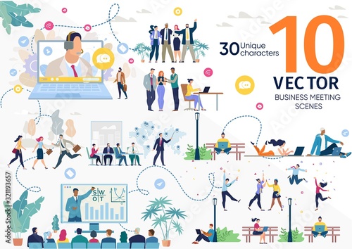 Business Company Team, Freelancers Life Scenes, Office Workers Work Situations, Client Support, Investors Meeting, Project Presentation, Business Seminar Concepts Trendy Flat Vector Illustrations Set