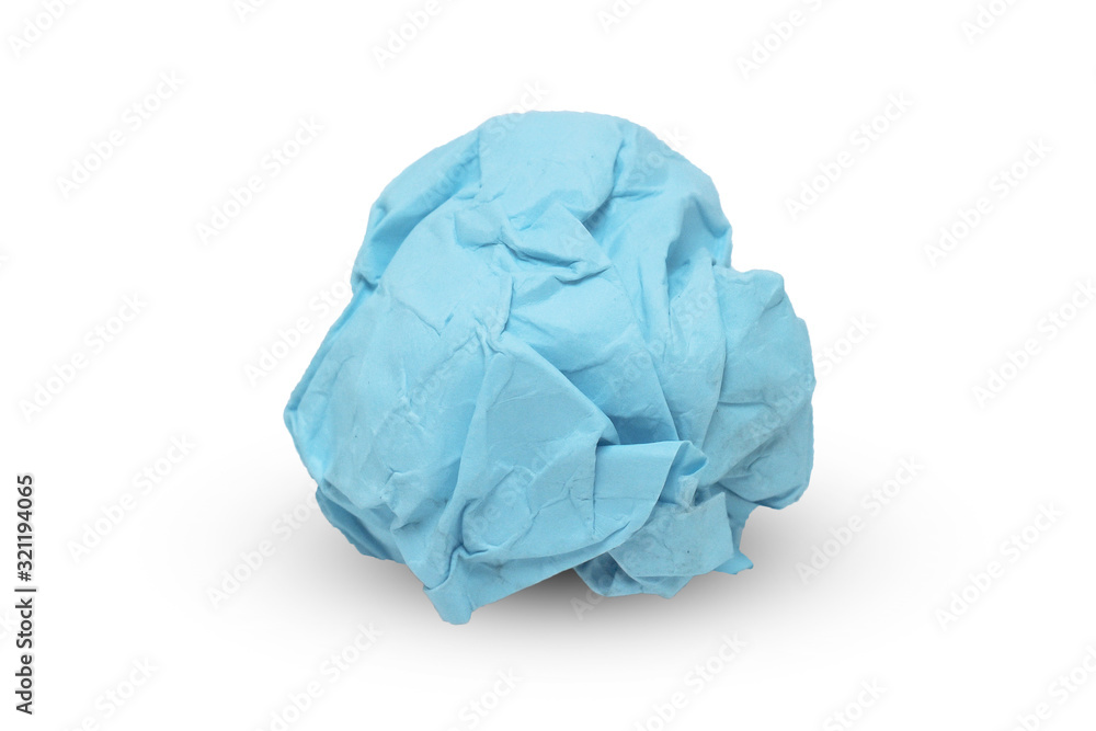 blue Paper crumpled on white background
