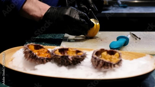 Seafood in the fish market. Serving sea urchin on ice