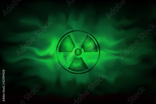 Radiation sign on background of polluted green fog. Dangerous haze poisoned. The spread radioactive contamination of nuclear weapons. Vector illustration