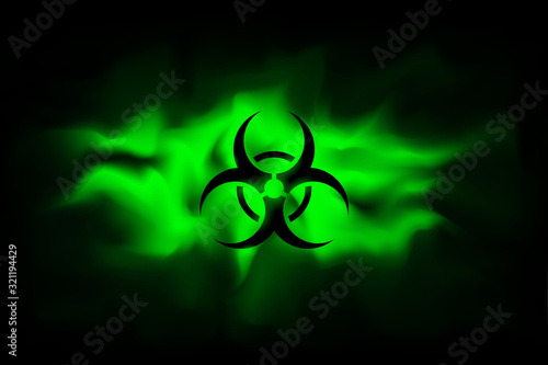 Biohazard sign on a background of infected green fog. Spreading smoke attack biological weapons. Dangerous haze poisoned. Vector illustration