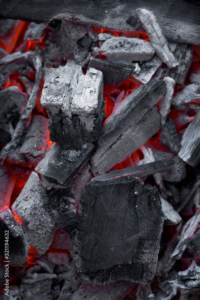 Closeup of burning charcoals in a bonfire with shallow depth of field. Abstract modern trendy texture background Closeup of burning charcoals in a bonfire with shallow depth of field. Abstract modern trendy texture background