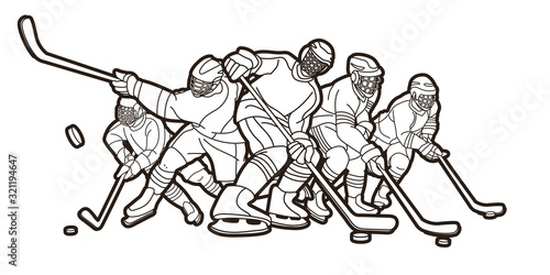 Group of Ice Hockey players action cartoon sport graphic vector.