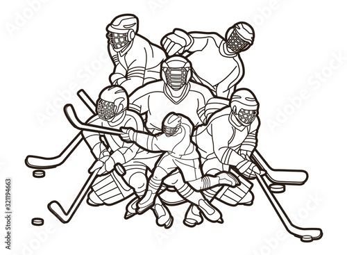 Group of Ice Hockey players action cartoon sport graphic vector.