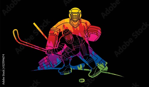 Group of Ice Hockey players action cartoon sport graphic vector.