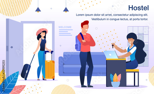 Modern Hostel Reception Service Trendy Flat Vector Advertising Banner, Promo Poster Template. Receptionist Welcoming Guests, Giving Key to Client, Female, Male Tourists Arriving to Hostel Illustration