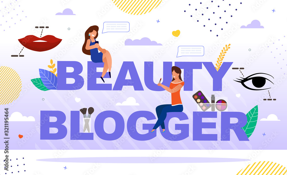 Makeup, Fashion Cosmetics Trends Usage Blog Vlog Presentation Cover. Attractive Women Sit on Beauty Blogger Capital Letter. Online Channel Mobile App, Chat, Female Video Streamer. Cosmetology Tutorial
