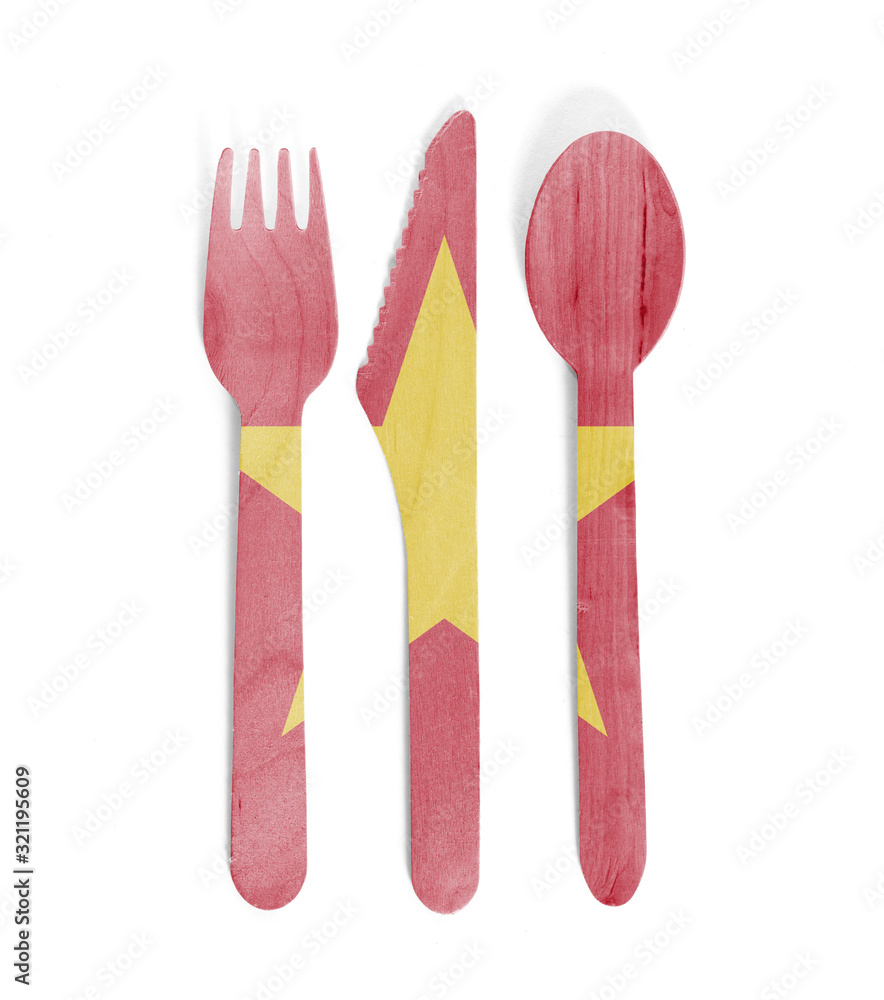Eco friendly wooden cutlery - Plastic free concept - Flag of Vietnam Eco friendly wooden cutlery - Plastic free concept - Flag of Vietnam