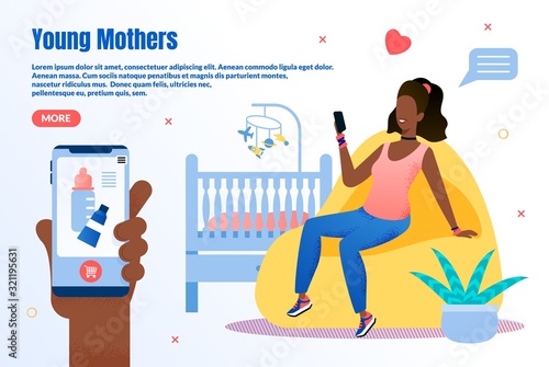 Online Store for Young Mothers Trendy Flat Vector Web Banner, Landing Page. African-American Woman, Mother with Cellphone, Searching, Purchasing Cosmetics Products, Accessories for Baby Illustration