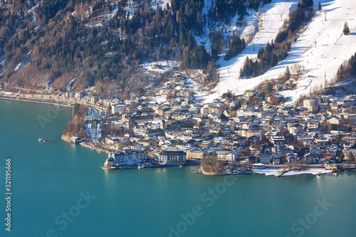 Aerial view to the town of Zell am See and beautiful Lake Zell in Austria © e_polischuk
