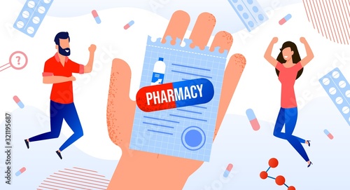 Medication Prescription for Pharmacy Medical Poster. Human Hand Holding Button Pharmaceutical Drugs List for Patient. Capsule Pill with Lettering. Happy Man Woman Customer. Druggist Medicament Cure.