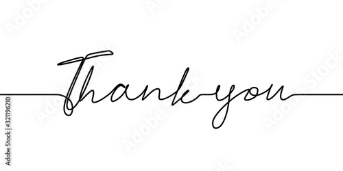 Continuous one line drawing of thank you text. Vector minimalist script lettering with minimalism contour trendy. Sign for banner, poster, and card isolated on white background
