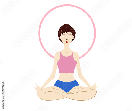 White young woman, sitting in the lotus pose. Healthy lifestyle and yoga concept. Flat cartoon vector illustration for meditation, recreation, Yoga Day. Isolated on white background. 