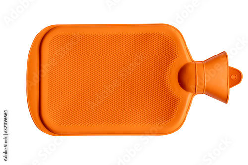 close up of rubber hot water container equipment for domestic treatment of illness in orange color, isolated on white with clipping path.