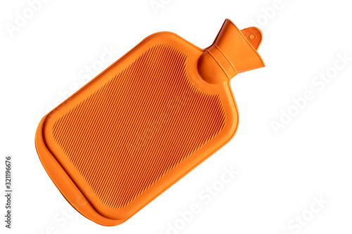 close up of rubber hot water container equipment for domestic treatment of illness in orange color, isolated on white with clipping path.