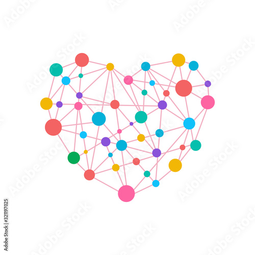 Cute color dots with connection line on white background,vector illustraion.Graphic heart shape design.