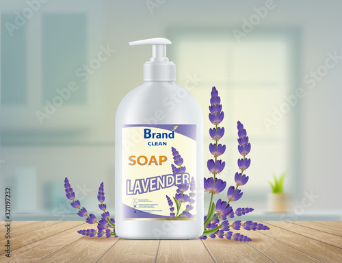 Bottle of hygienic soap dispenser with lavender flowers.