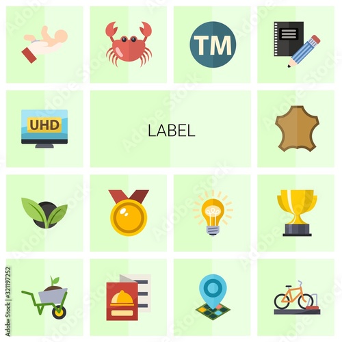 14 label flat icons set isolated on white background. Icons set with 4K Streaming, vegetarian, medal, leather, babysitting service, crab, Trademark, Stationery, Garden services icons.