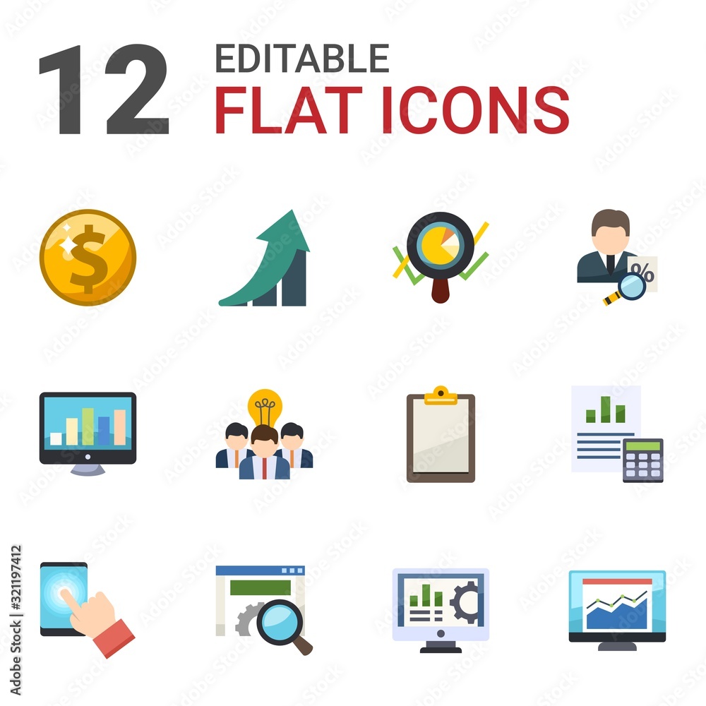 12 report flat icons set isolated on white background. Icons set with Net Income, growth, Marketing analytics, SEO monitoring, Collaborative idea, tax consultant, testing icons. 12 report flat icons set isolated on white background. Icons set with Net Income, growth, Marketing analytics, SEO monitoring, Collaborative idea, tax consultant, testing icons.