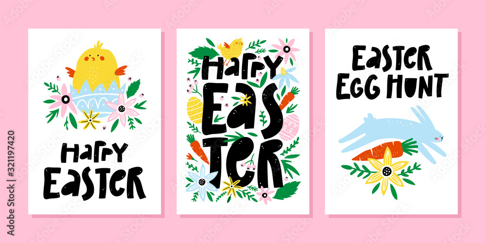 Set of spring and easter greeting cards or posters with cute bird, egg, flowers, signs and lettering. Vector illustration.