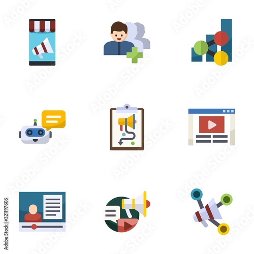 9 social flat icons set isolated on white background. Icons set with Mobile marketing, Followers, social media trends, Chat Bot, social media strategy, Video blog, eCommerce marketing icons.