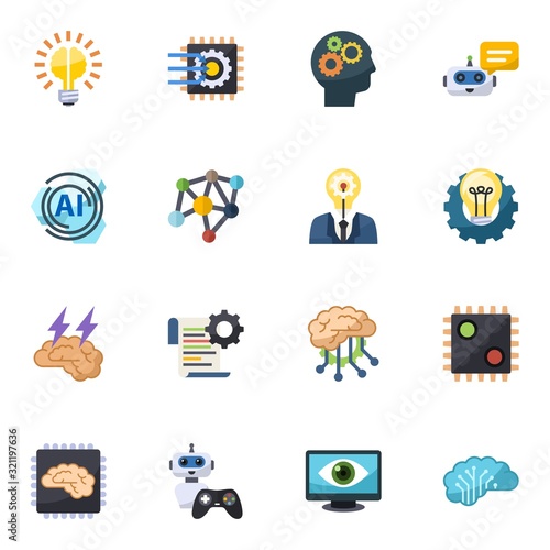 16 intelligence flat icons set isolated on white background. Icons set with Brain bulb, Machine learning, Cognitive Science, AI Pattern, Neural network, creativity, Brain storm icons.