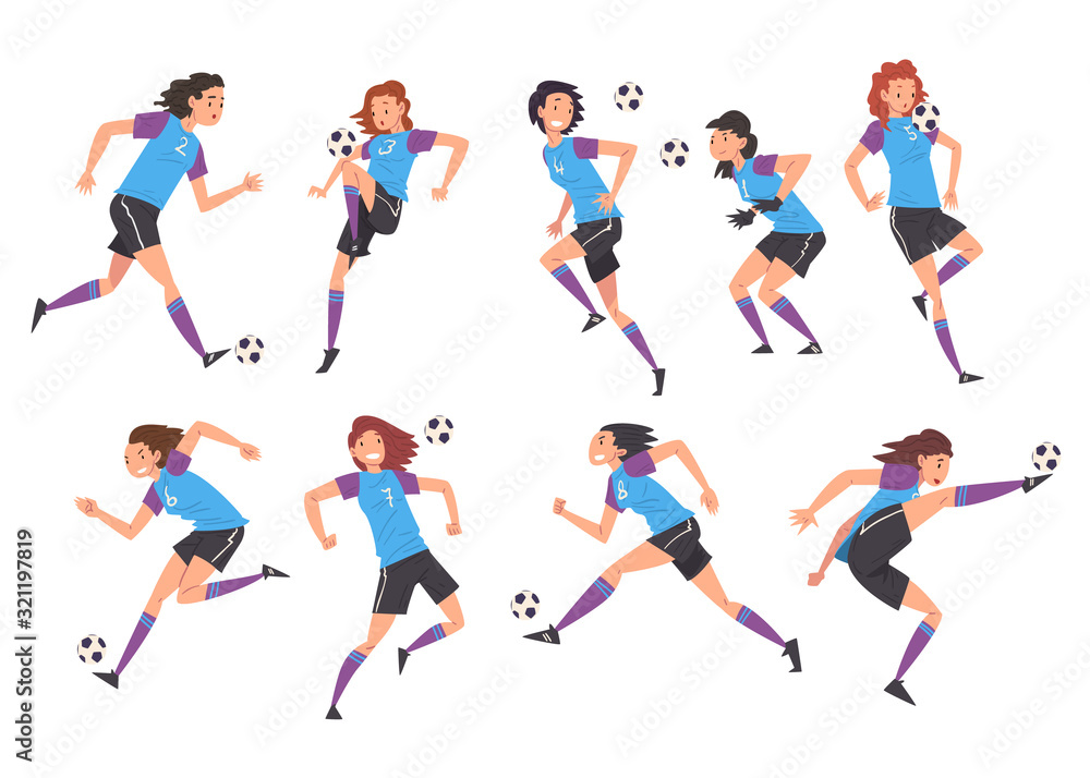 Fototapeta Girls Playing Soccer Collection, Young Women Football Players Characters in Sports Uniform Kicking the Ball Vector Illustration