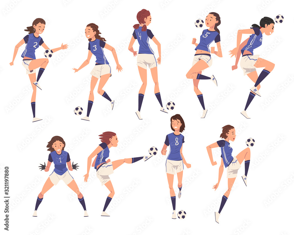 Girls Soccer Players Characters Collection, Young Women in Sports Uniform Playing Football, Female Athletes Kicking the Ball Vector Illustration Girls Soccer Players Characters Collection, Young Women in Sports Uniform Playing Football, Female Athletes Kicking the Ball Vector Illustration