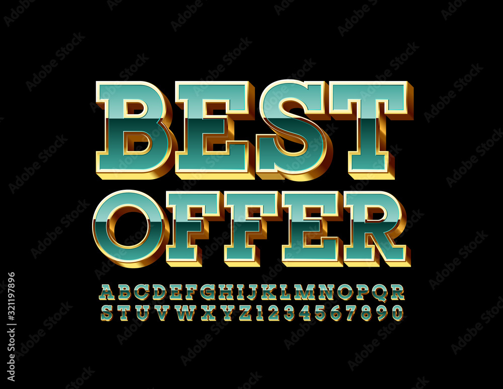 Vector premium logo Best Offer. Chic Uppercase Font. Luxury shiny Alphabet Letters and Numbers