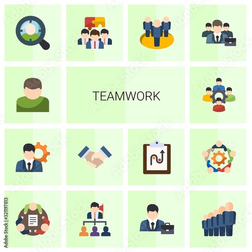 14 teamwork flat icons set isolated on white background. Icons set with User, manager, partnership, colleague, Target Audience, Team building, team, business people, Leadership icons.
