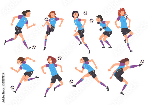 Girls Playing Soccer Collection, Young Women Football Players Characters in Sports Uniform Kicking the Ball Vector Illustration