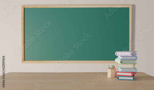 Low poly school supplies on wooden table, back to school concept 3D rendering