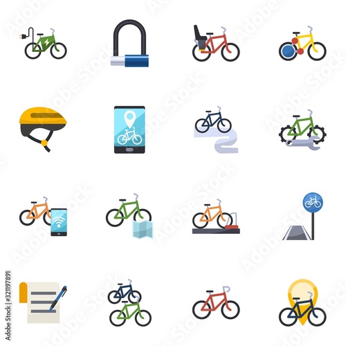 16 bike flat icons set isolated on white background. Icons set with elektro bike, Bike padlock, Child seat, Helmet, rental app, tour, Smart rental map icons.