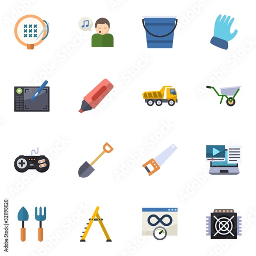 16 equipment flat icons set isolated on white background. Icons set with embroidery, Singing, Bucket, Graphic tablet, Marker, Tipper, joystick, Shovel, Garden gloves, Wheelbarrow icons.