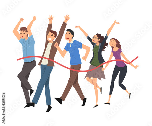 Successful Business People Crossing the Finish Line, Professional Competition or Team Building Concept Vector Illustration