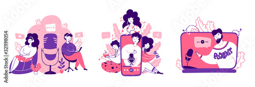 People watching podcasts vector yellow illustrations set