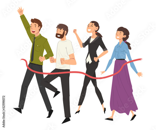 Business People Crossing the Finish Line, Professional Competition or Team Building Concept Vector Illustration