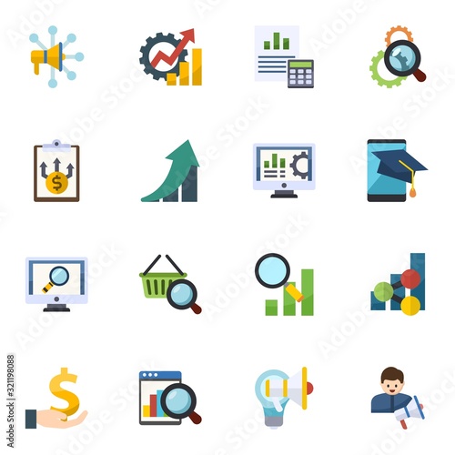 16 chart flat icons set isolated on white background. Icons set with Advertising Networks, Productivity, Balance Sheet, Business Planning, growth, Accounting software, analytics app icons.