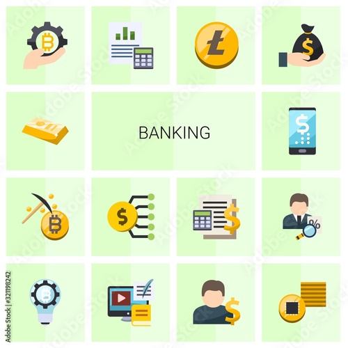 14 banking flat icons set isolated on white background. Icons set with gold bar, Mining, Marketing budget, digital banking, fintech industry, Balance Sheet, Altcoin, Deposit icons.