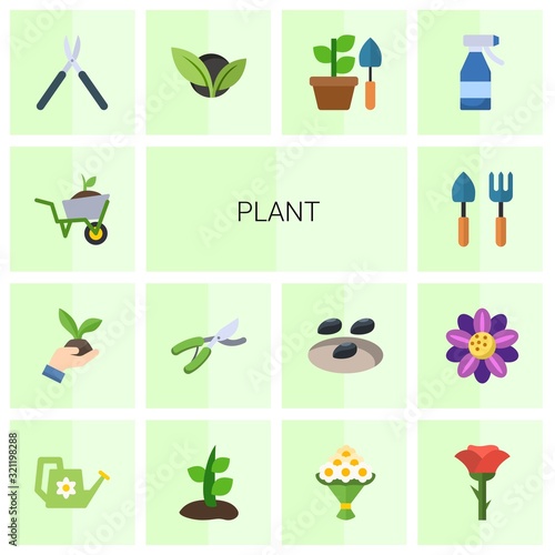14 plant flat icons set isolated on white background. Icons set with Garden services, Gardening, Garden pruner, Gardening tools, Gardening scissors, vegetarian, Spray bottle icons.