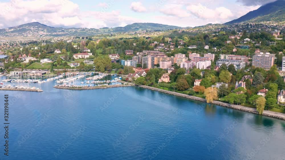 Aerial view of Yacht club on Lake Geneva shoreline at Switzerland Aerial view of Yacht club on Lake Geneva shoreline at Switzerland