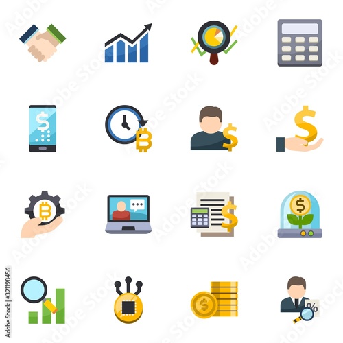 16 finance flat icons set isolated on white background. Icons set with cooperation, Profit, Marketing analytics, digital banking, future of money, Account, fintech industry icons.