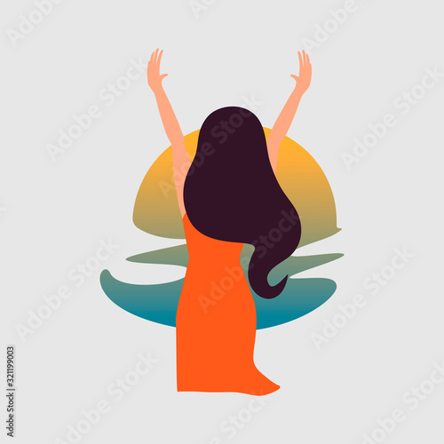 A girl stands on a sunset background with her back. Young woman with outstretched arms. Flat cartoon style. Sea at sunset or sunrise. Isolated on white